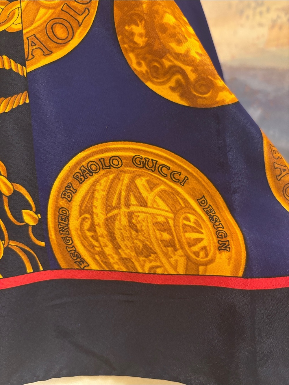 Navy, Gold & Red Equestrian Medallion Silk Scarf - Picture 3 of 7